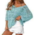 thumbnail image 2 of Sexlip Women's Spring Summer Crochet Hollow Out 3/4 Sleeve Pullover Sweater Off Shoulder T-Shirts Blue M, 2 of 6