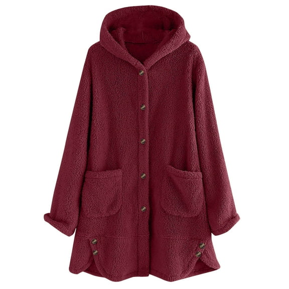Makaor Winter Fleece Coats for Women Pockets Hooded Jacket Solid Button Long Sleeve Outerwear Winter Warm Clothes