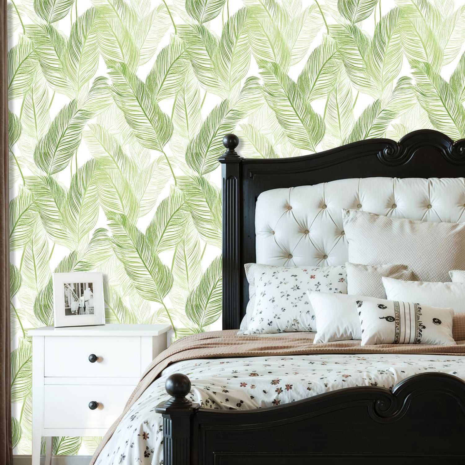 Sage Green Peel and Stick Wallpaper Tropical Green Leaf Delicate Line Wall Mural 23.6in x 9.8ft Self Adhesive Removable Wall Paper Renter Friendly Wallpaper for Girls Bedroom