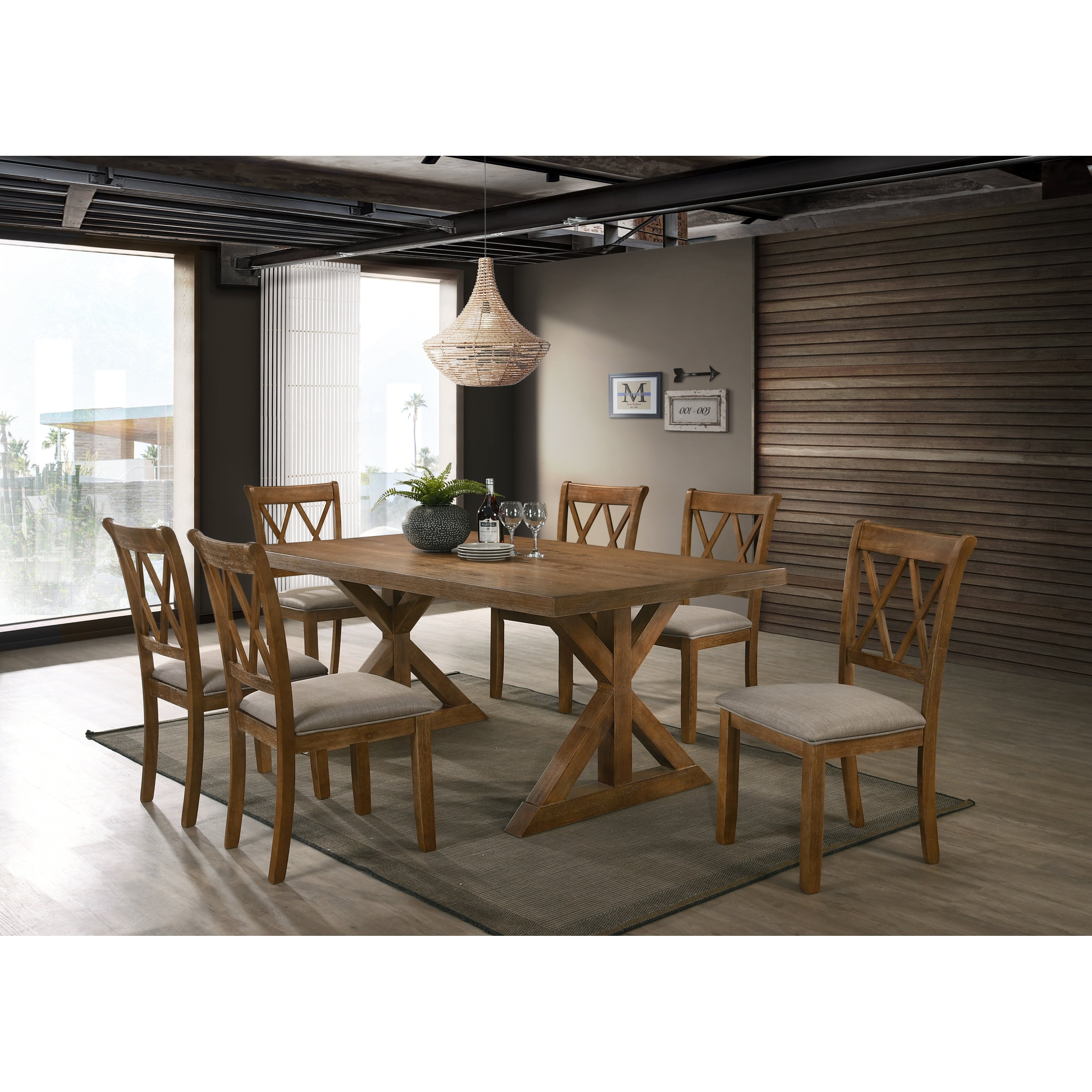 Roundhill Furniture Karven 7 Piece Extendable Dining Set Glazed Pine Brown Walmart
