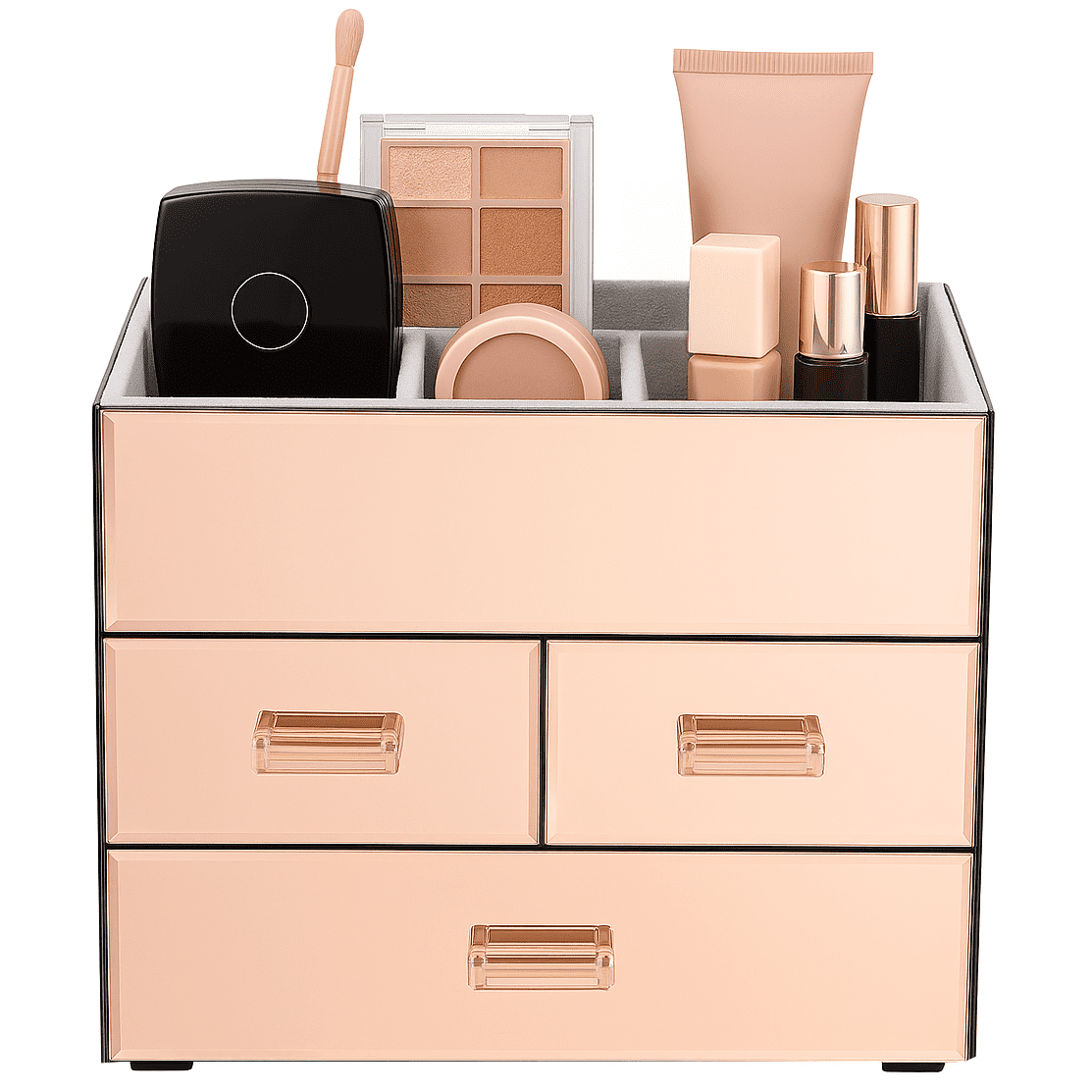 OnDisplay Miro 3 Drawer Mirrored Glass Makeup & Jewelry Organizer – Tiered Vanity Storage Box with Drawers and Velvet Lined Compartments (Rose Gold)