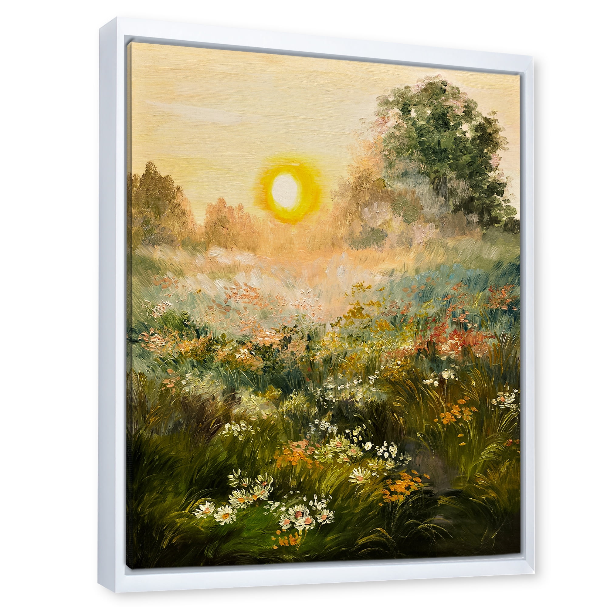 The Blossoming Field With Sunrise 16 in x 32 in Framed Painting Canvas Art Print, by Designart
