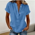 thumbnail image 2 of Sevevn Women's Casual Linen Button Down Shirts V Neck Rolled Short Sleeve Blouses Loose Fit Comfy Tunic Tops Blue S, 2 of 6