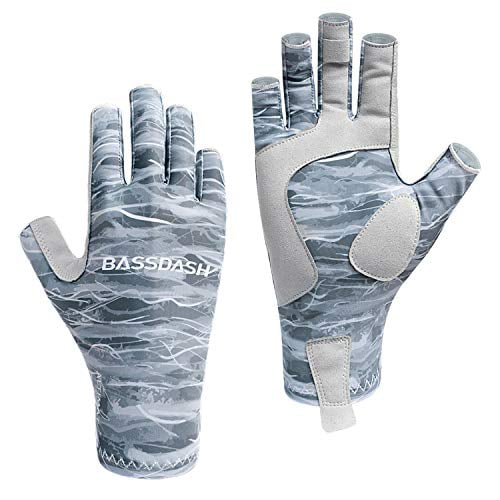 Bassdash ALTIMATE Sun Protection Fingerless Fishing Gloves UPF 50 Men’s Women’s UV Gloves for Kayaking Paddling Hiking Cycling Driving Shooting Training Grey Camo, M