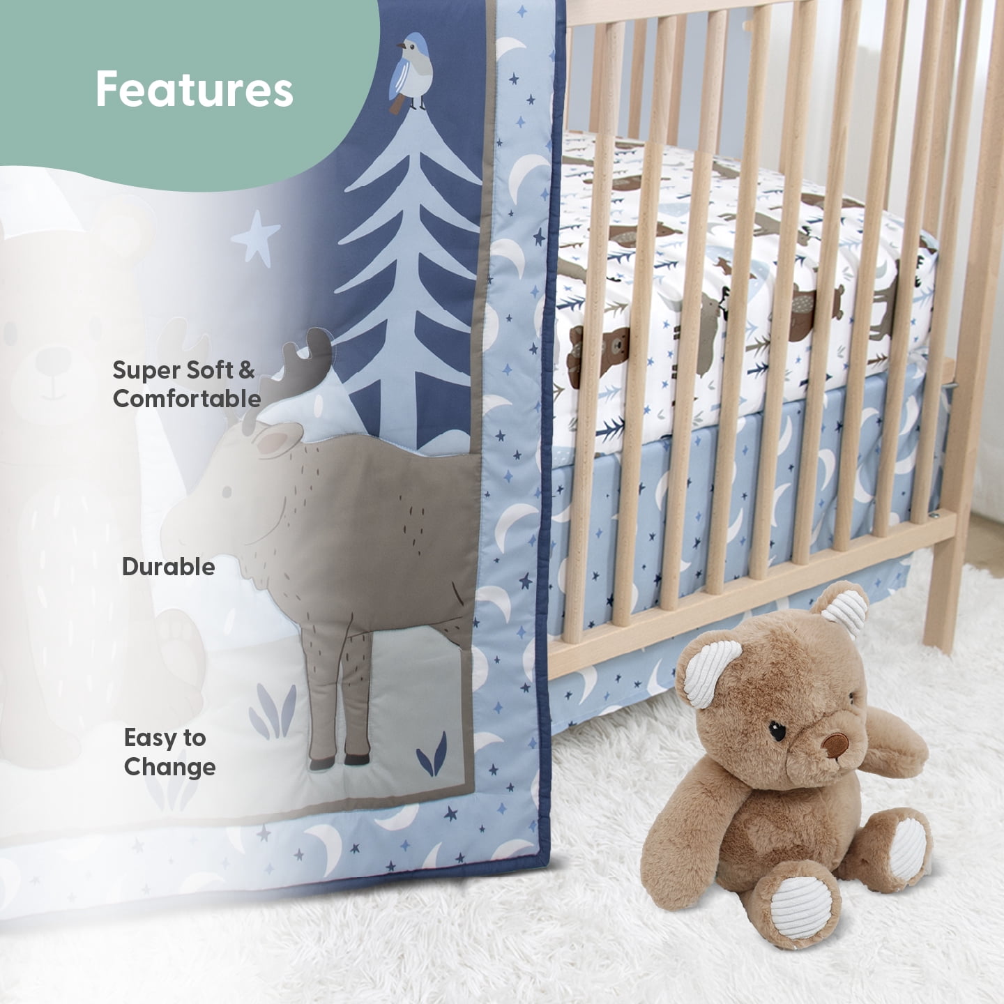 The Peanutshell Wild Kingdom/Safari Adventures Crib Bedding Set and Stuffie Plush Toy, 4-Piece Set