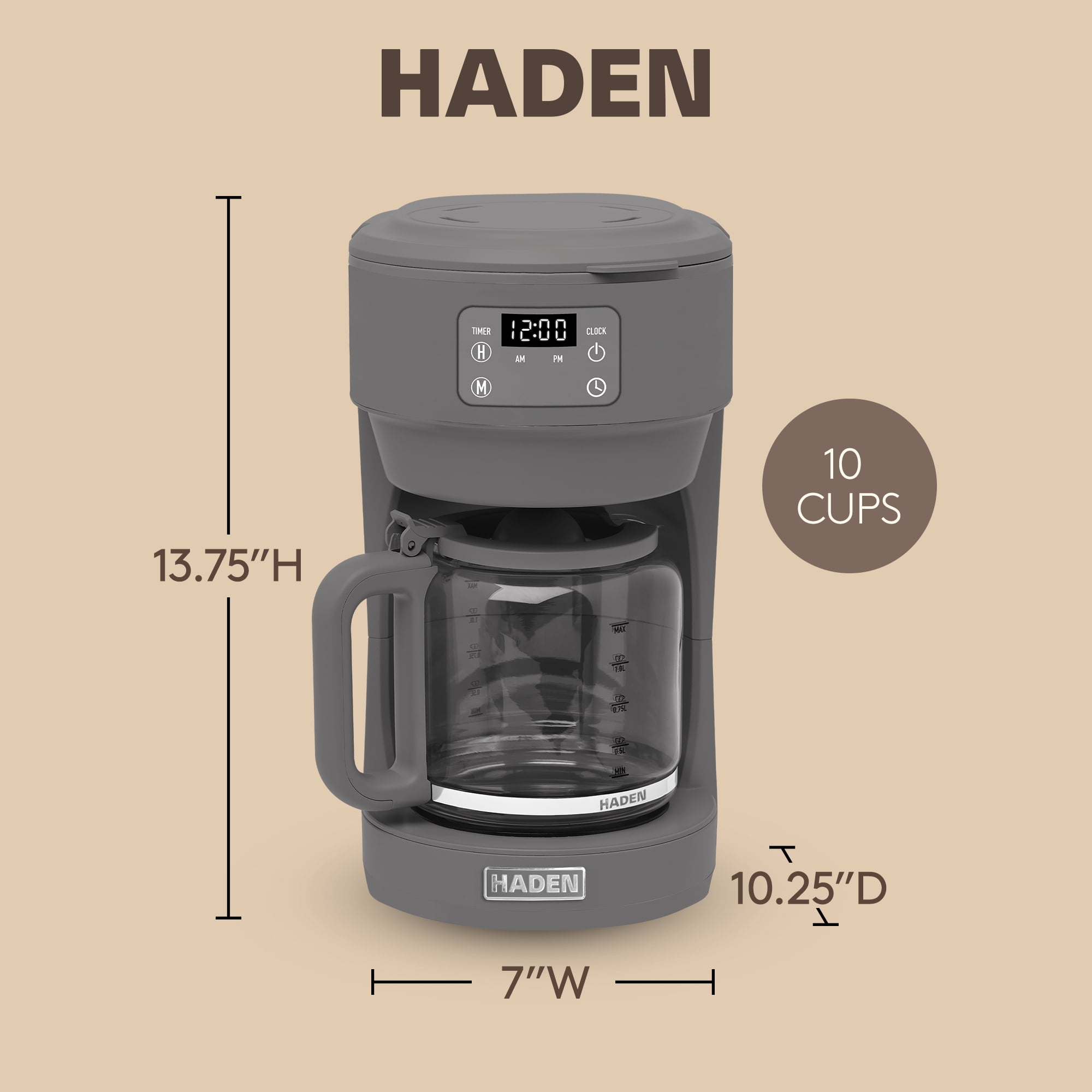 Haden Chelsea 10 Cup Digital Drip Coffee Maker with Glass Carafe, Grey