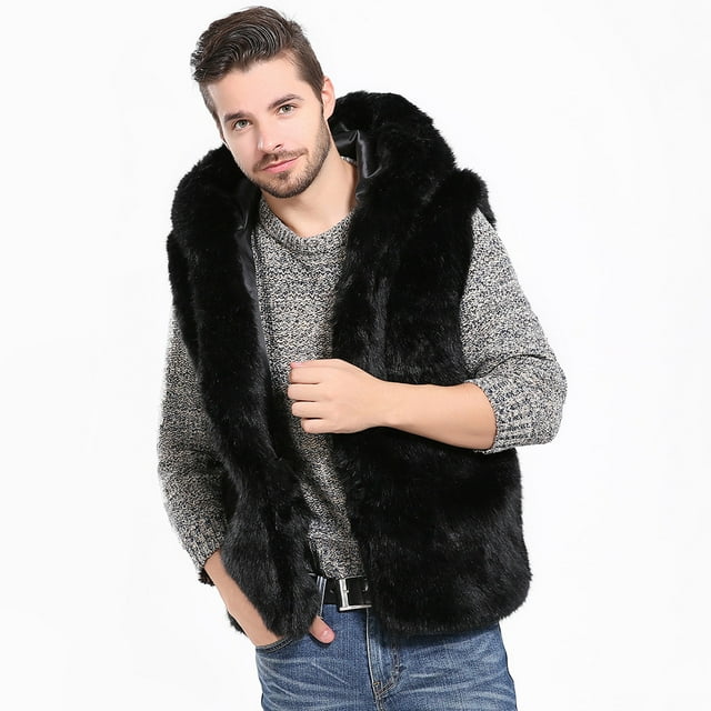 NARABB Men Faux Fur Vest Jacket Sleeveless Winter Body Warm Coat Hooded