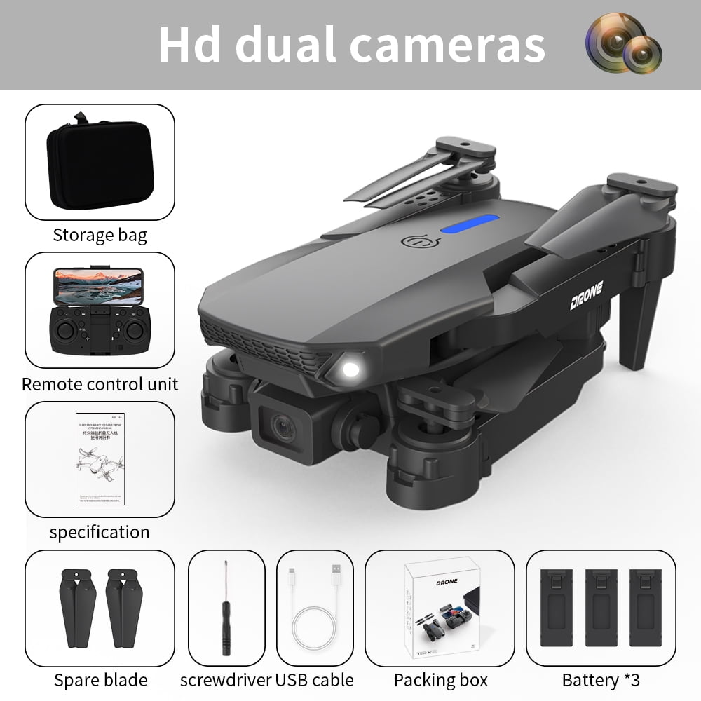 E88 Drone with HD Dual Camera, Mini Drone Foldable RC Quadcopter with Brushless Motor, Toys Gifts for Kids and Adults Beginners, Black