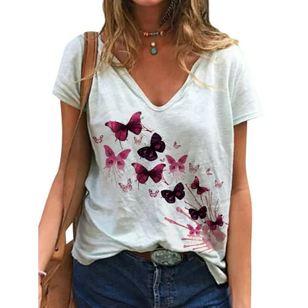 Women Butterflies Print V Neck Short Sleeve Cotton T-Shirt | Walmart Canada