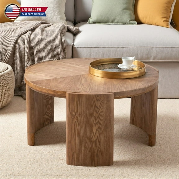 Hassch 32" Round Coffee Table with Curved Legs, Mid-Century Modern Accent Center Table for Living Room, Home Office, Brown