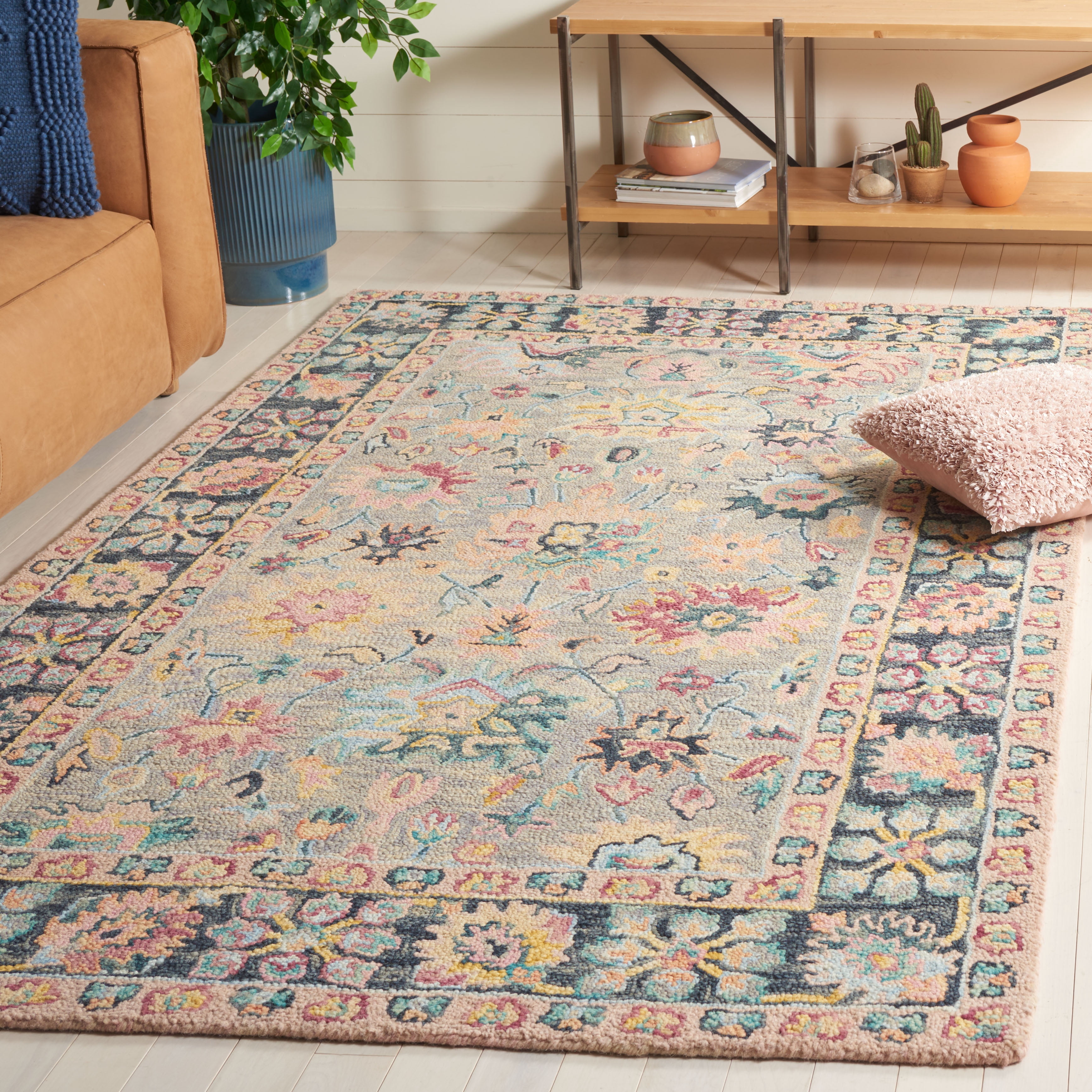 SAFAVIEH Blossom Mortimer Floral Area Rug, Grey/Pink, 6' x 6' Square