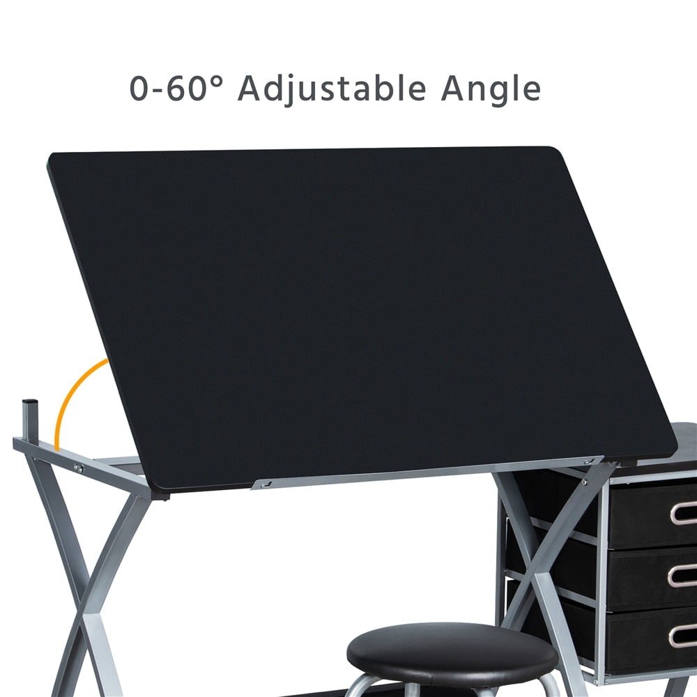Easyfashion Folding and Adjustable Steel Drafting Table with Stool and Storage Drawers