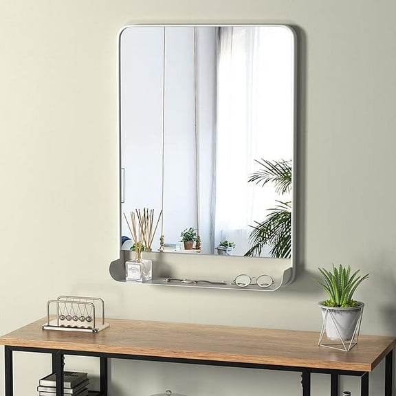 HMANGE Rectangular Bathroom Mirror 18.11 x 27.56 Inch Matte White Metal Frame Oval Rectangular Mirror for Bathroom Slanted Vanity Wall Mirror