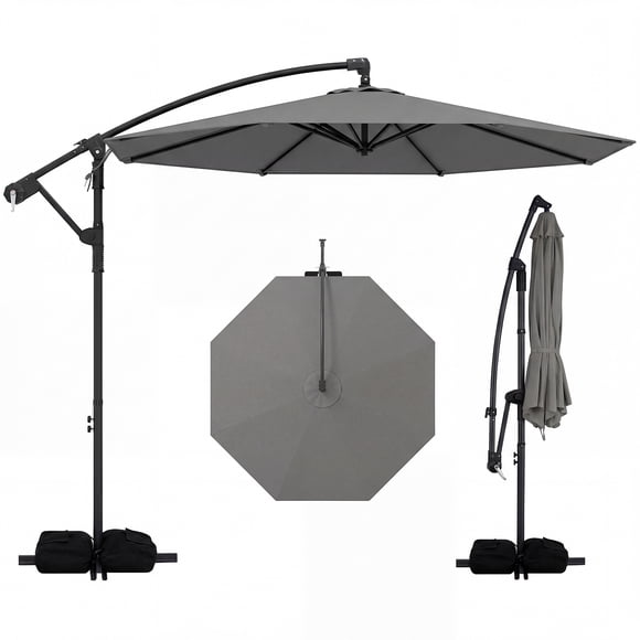 Costway 10 FT Offset Hanging Umbrella with Base Patio Cantilever Umbrella 360° Rotation Gray
