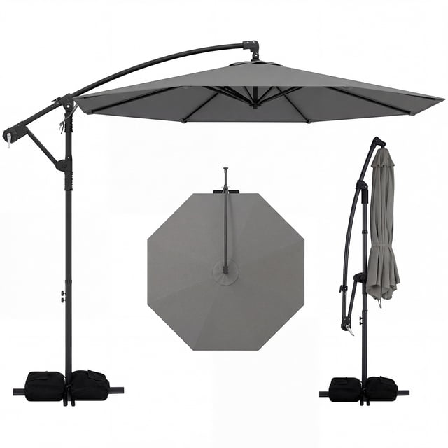 Costway 10 FT Offset Hanging Umbrella with Base Patio Cantilever Umbrella 360° Rotation Gray