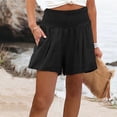 thumbnail image 2 of Smocked High Waist Cotton Linen Shorts for Women Casual Loose Fit Summer Vacation Beach Shorts Lightweight Breathable Side Pocket Shorts Black M, 2 of 4