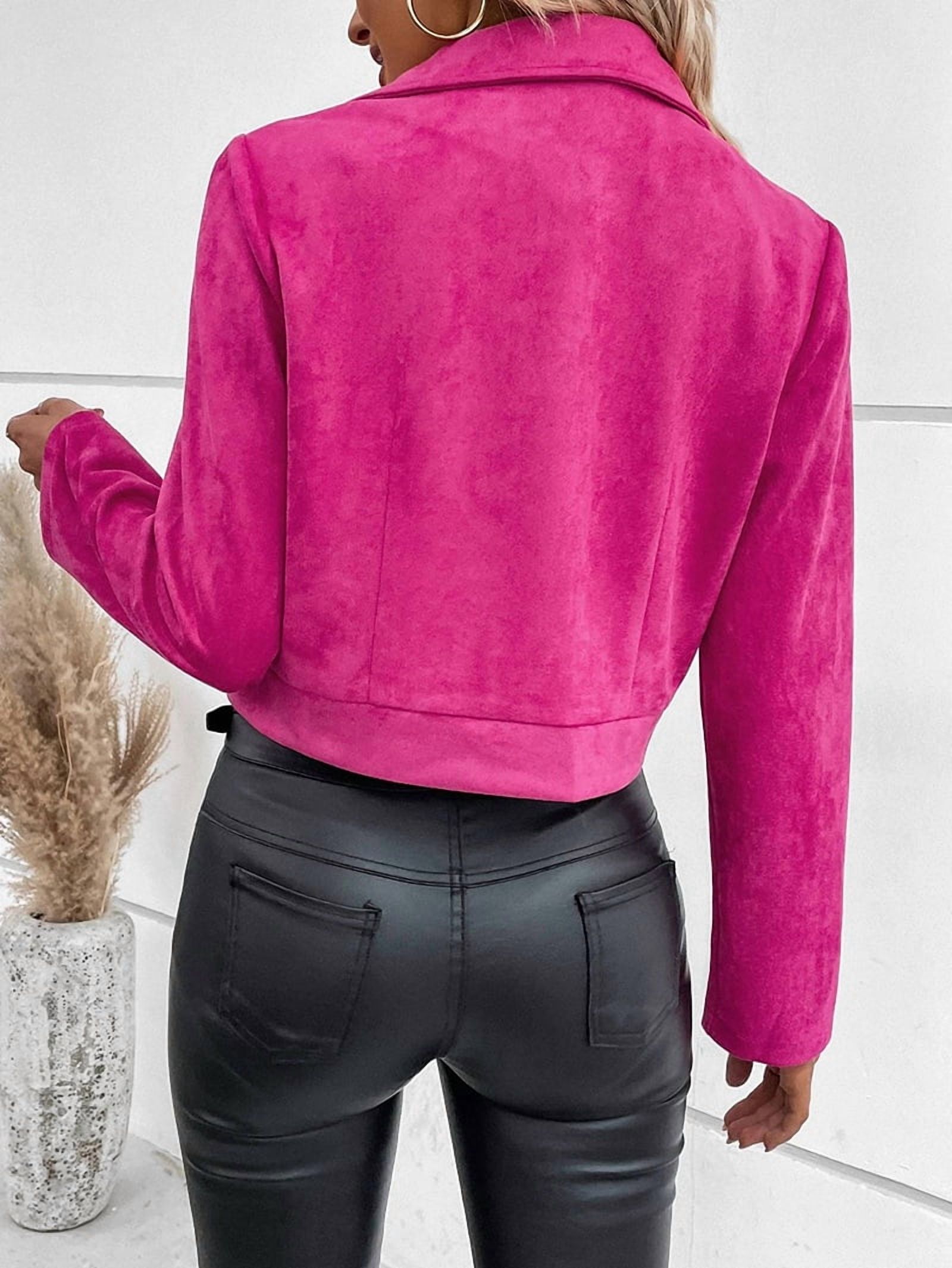 Women'S Cropped Zipper Long Sleeve Suede Faux Leather Blazer Jacket Autumn Fashion Outerwear Rose Red XL