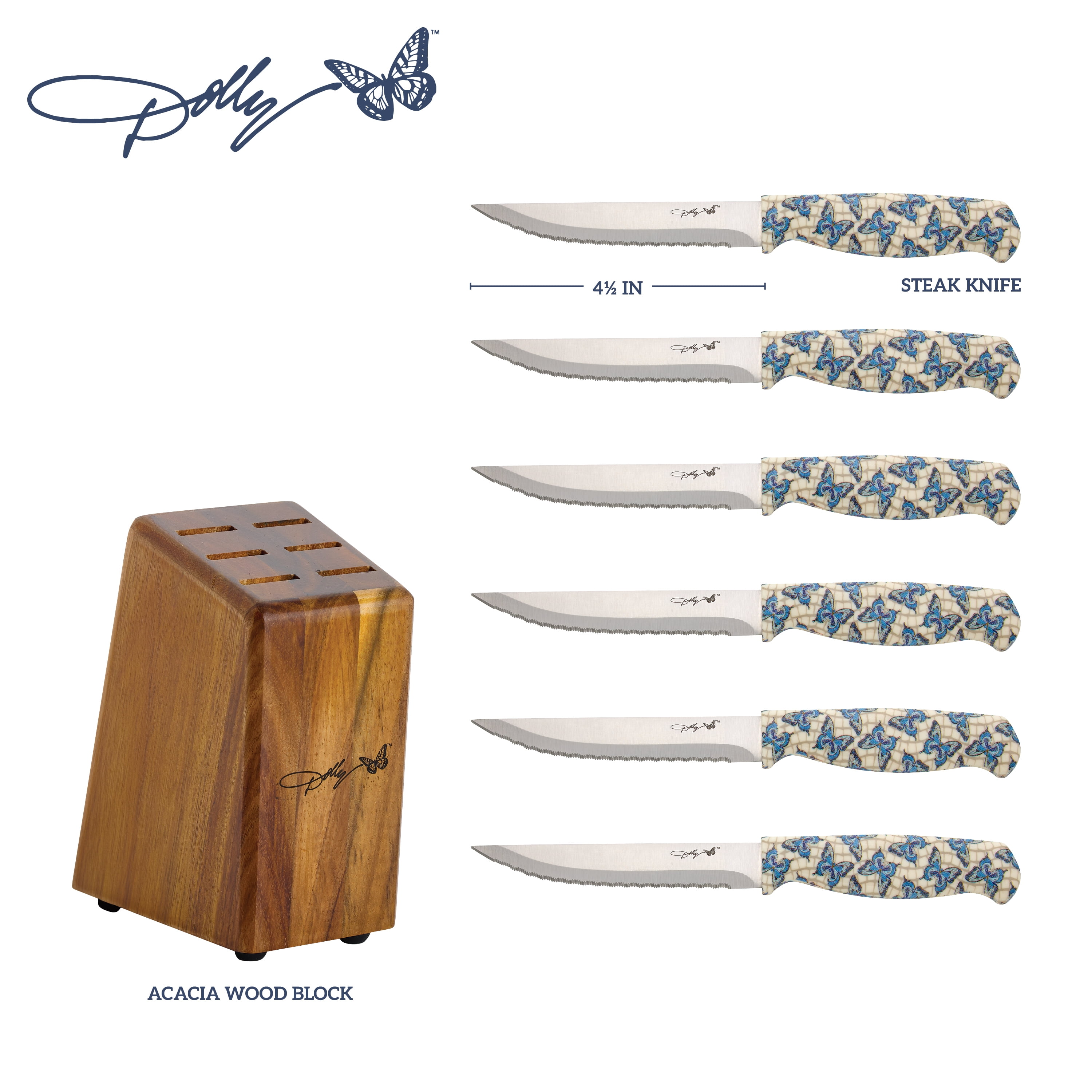 Dolly Parton 7-Piece Steak Knife Set with Blue Handles and Acacia Block for Storage
