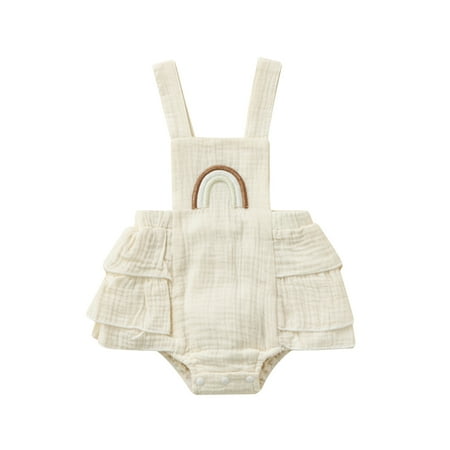 

Frobukio Baby Summer Ruffle Romper Sleeveless Elastic Waist Rainbow Embroidery Strap Bodysuit