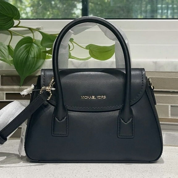 MICHAEL KORS KATYA SMALL FLAP SATCHEL CROSSBODY PURSE BAG MK BLACK LEATHER GOLD