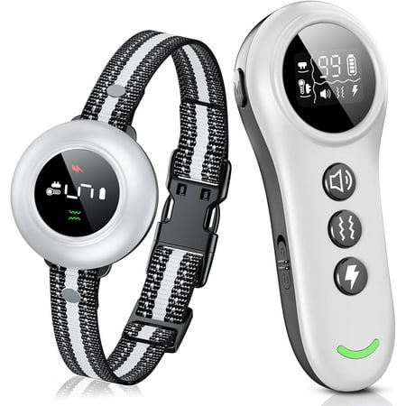 2-in-1 Dog Shock Collar & Dog Bark Collar - Smart Anti Barking Dog Training Collar with 5 Adjustable Sensitivity & 3300FT Remote for All Breeds IP67 Waterproof Rechargeable E-Collar (White)