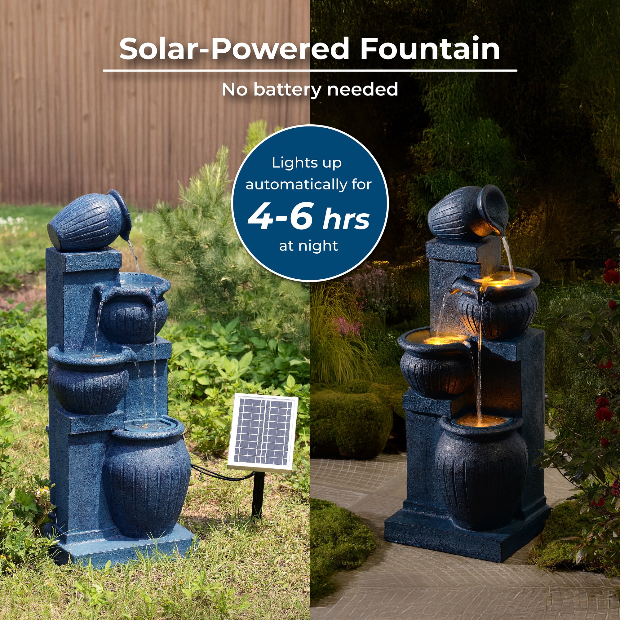 Teamson Home Outdoor 4-Tier Cascading Bowl Water Fountain with LED Lights, Solar-Powered & Adjustable Flow Rate, Navy