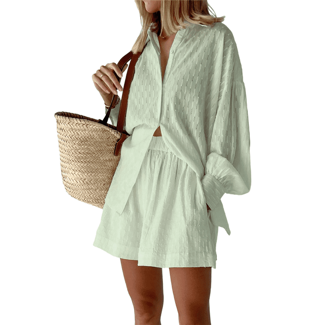 Conjunto de Dos Piezas para Mujer: Blusa Holgada de Larga Abullonada y Pantalones Cortos de Cintura Alta con Bolsillos Laterales. Verde S