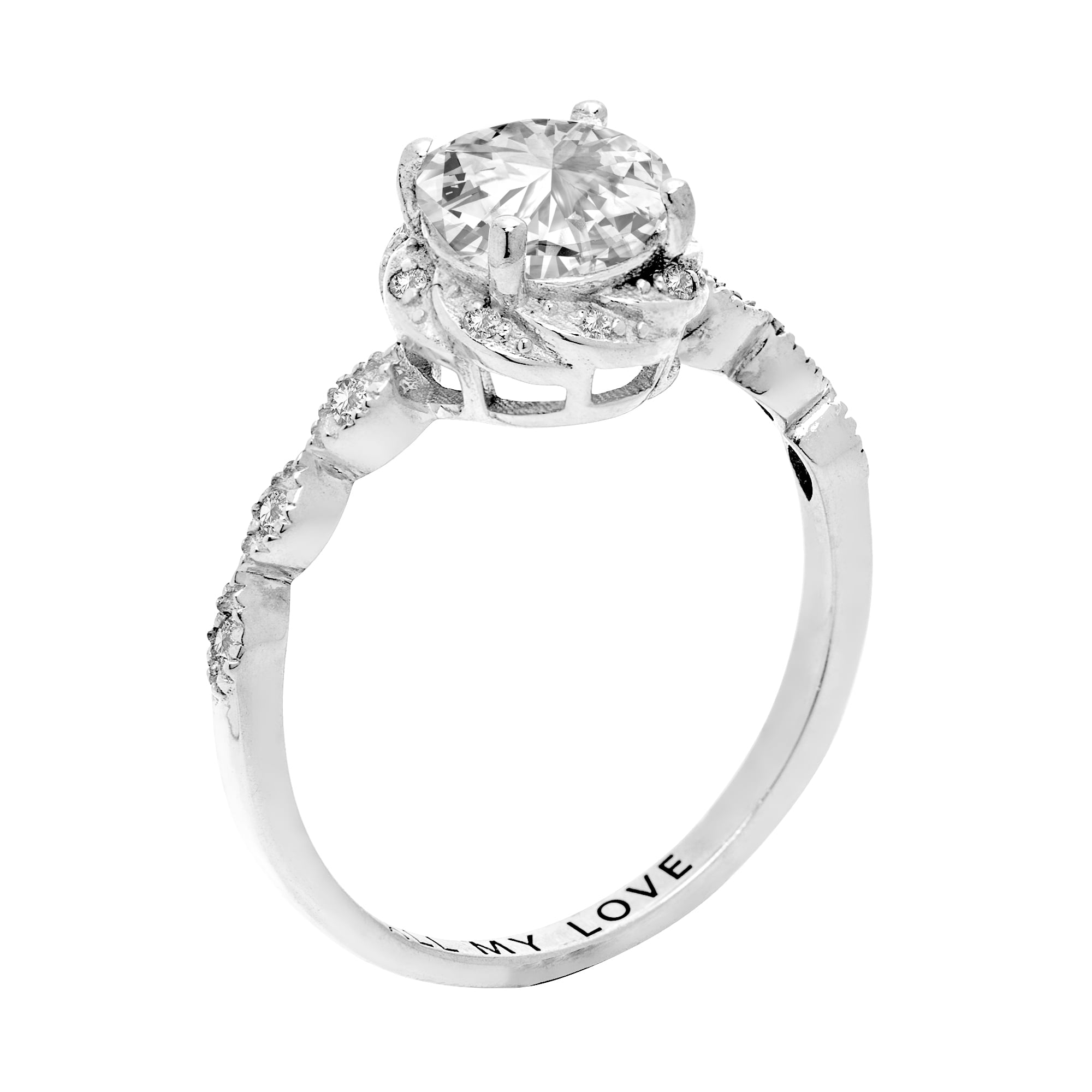 Vow & Forever Personalized Bridal Platinum over Sterling Silver White Topaz with Halo Diamond Accent Engraved Engagement Ring