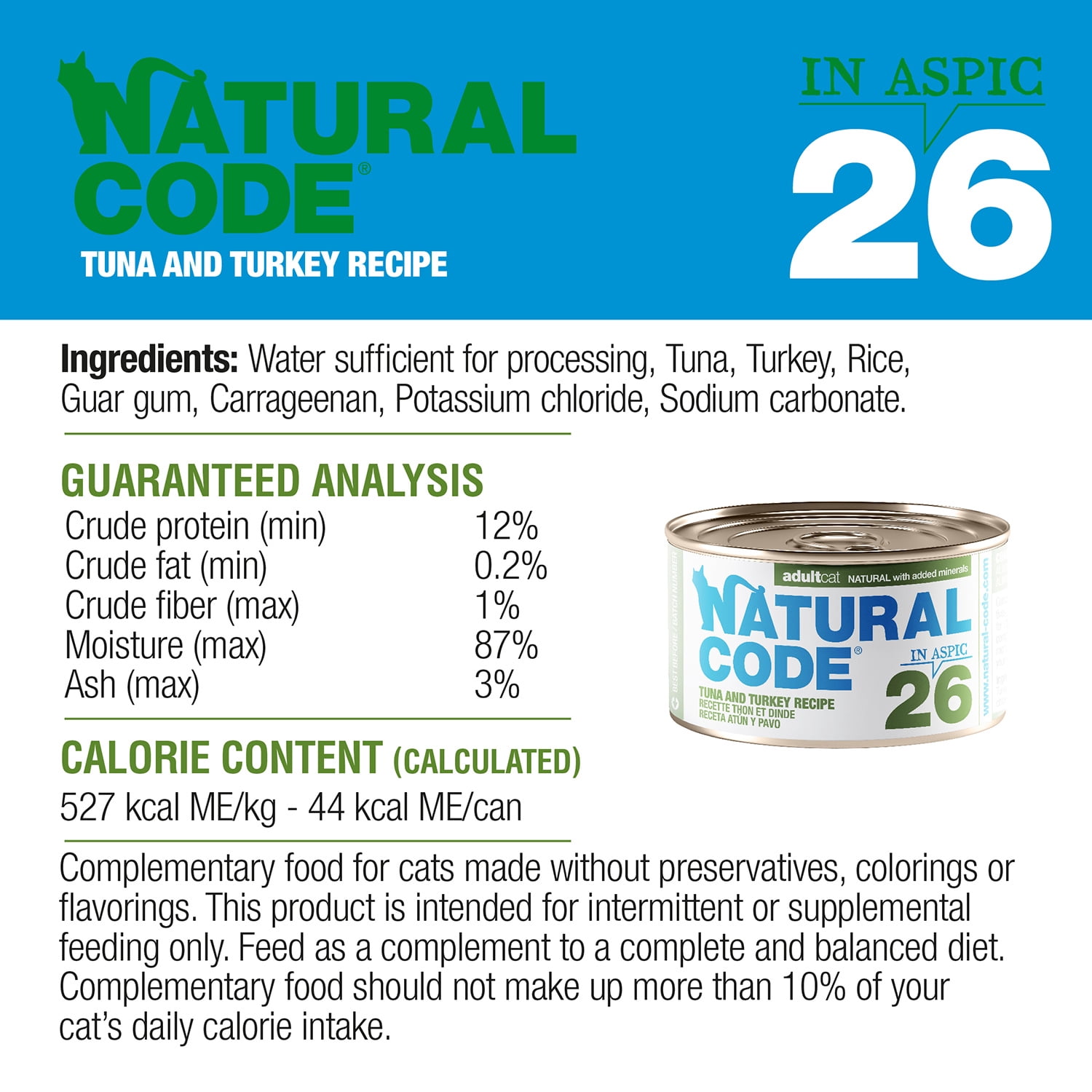 Natural Code - Wet Cat Food, Limited Ingredient Cat Food, High-Protein, Non-GMO, No Artificial Additives, Made In Italy, Tuna & Turkey in Aspic for Adult Cats (3 oz, 24 Pack)