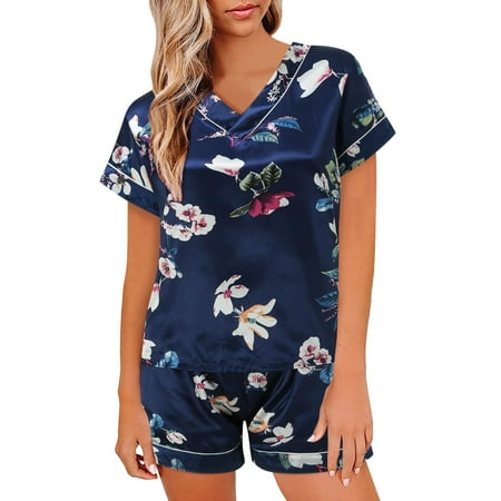 

XIUH Sleepwear For Women Women Pajamas Set Satin Sleepwear Lingerie V Neck Shirt Shorts Nightwear Homewear Women s Sleepwear Blue XXL