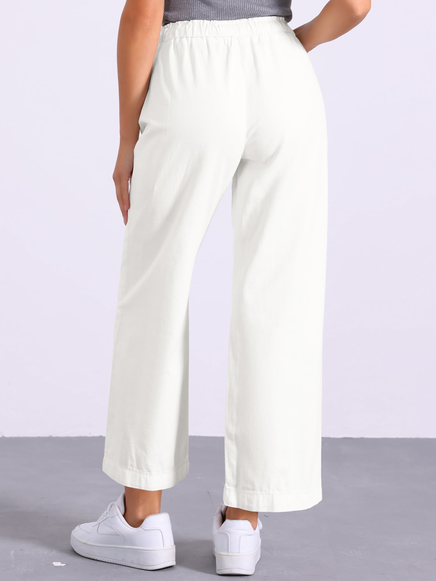DARING DIVA Women's Trendy Elastic Waist Wide Legs Drawstring Jeans S White
