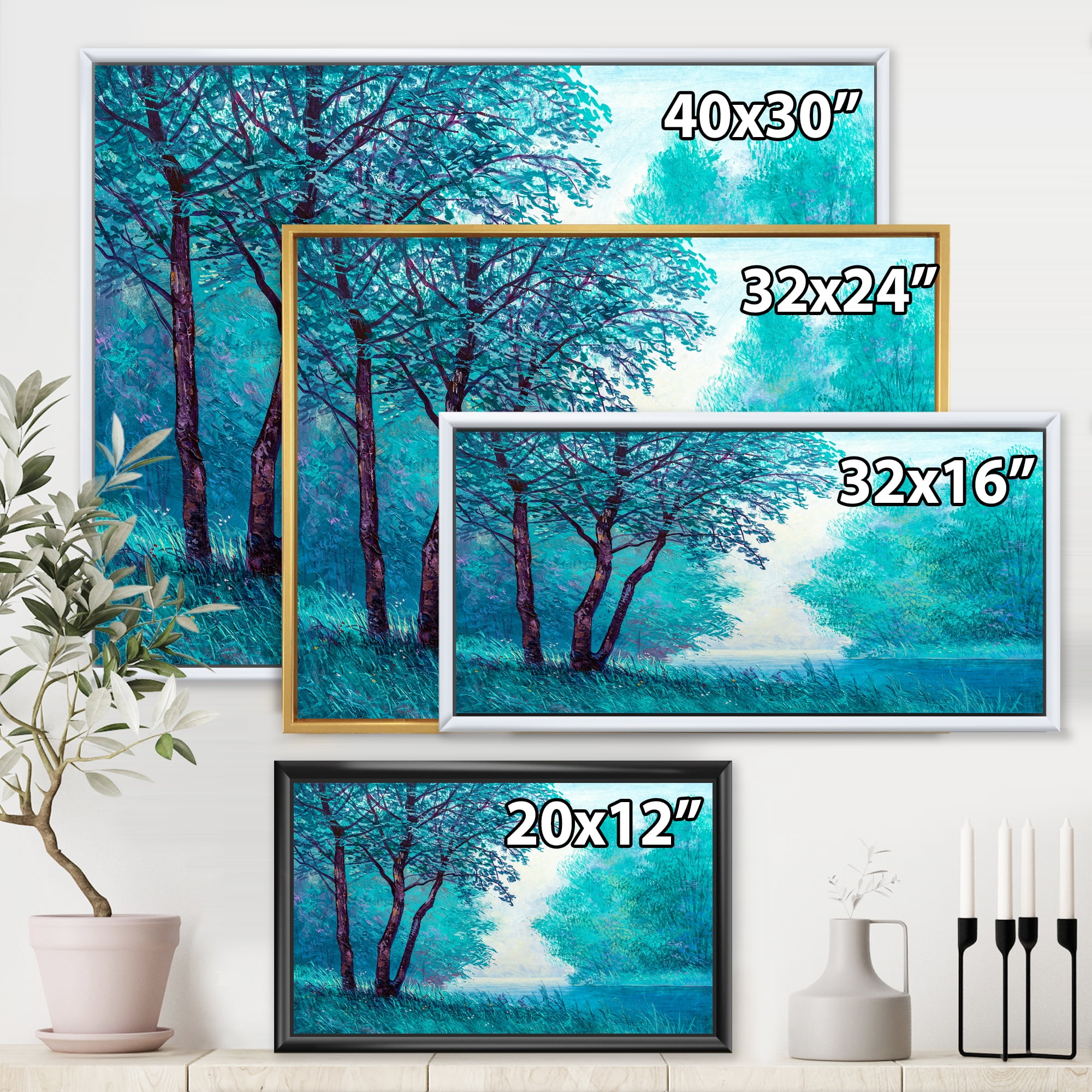 Blue Coloured Tree Impression By Riverside 32 in x 16 in Framed Photography Canvas Art Print, by Designart