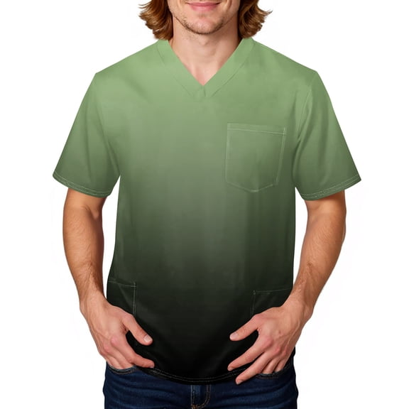 Domuza Scrubs for Men Top Gradient Tie-Dye Short Sleeve V Neck Caregiver Uniform Relaxed Fit Comfy Soft Medical Workwear with 3 Pockets Green 2XL