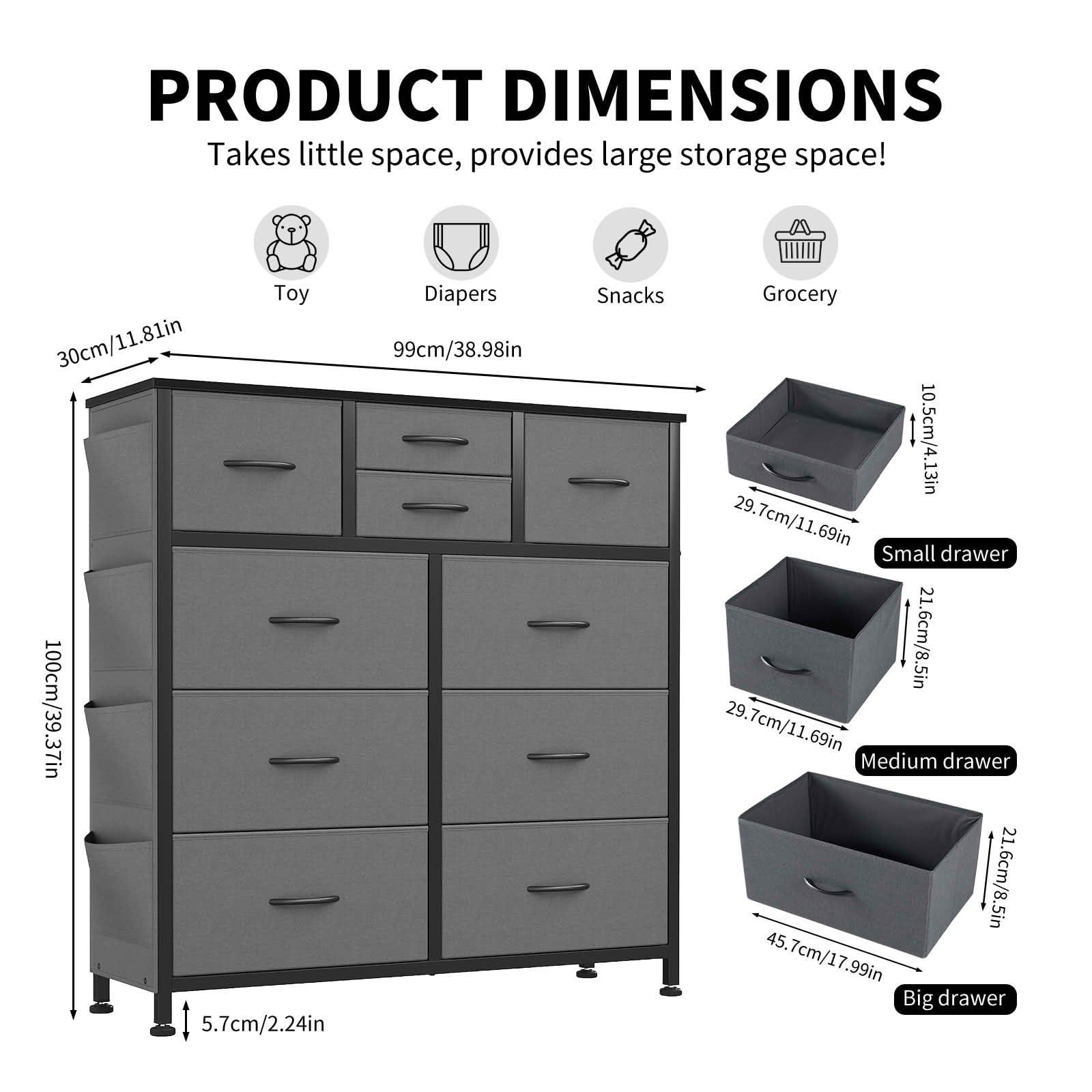 MAYEERTY 10-Drawer Storage Dresser, Cabinet with Side Pocket Hooks Wood Top for Bedroom Closet