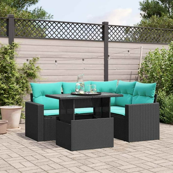 vidaXL 5 Piece Patio Sofa Set with Cushions Black Poly Rattan