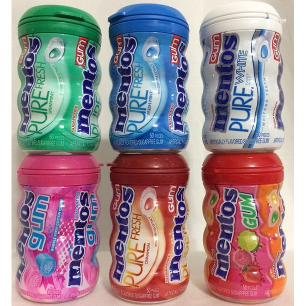 Mentos Gum Collection. Pack of 6 Six Flavors Spearmint, Bubble Fresh