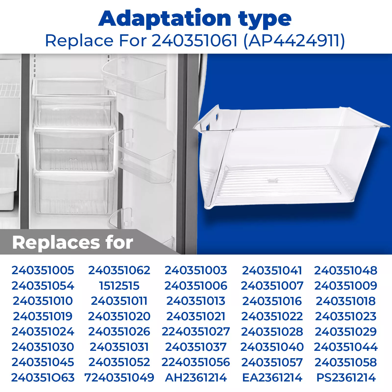 Kojem 240351061 Crisper Drawer Upper for Frigidaire Refrigerator Freezer Plastic Clear