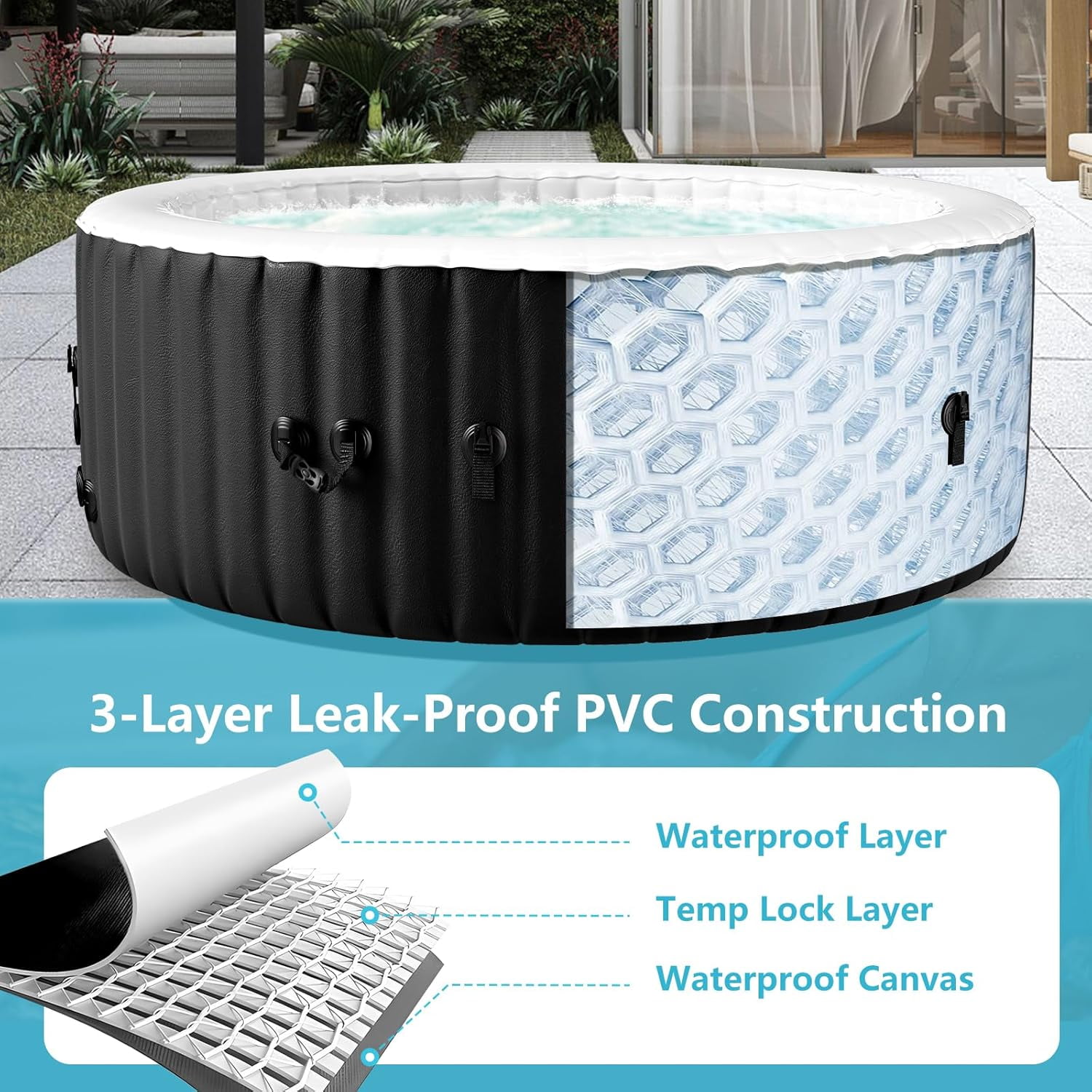211 Gallon Inflatable Hot Tub 4 Person Round with LED Lights, Portable Outdoor AirJet Hot Tub Spa with 110 Bubble Jets, Filter, Insulated Tub Cover and Floor Protector, Temperature up to 104°F