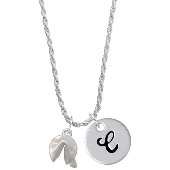 Delight Jewelry Silvertone 3-D Fortune Cookie Silvertone Script Initial Disc - C - Charm Necklace, 20"+3"