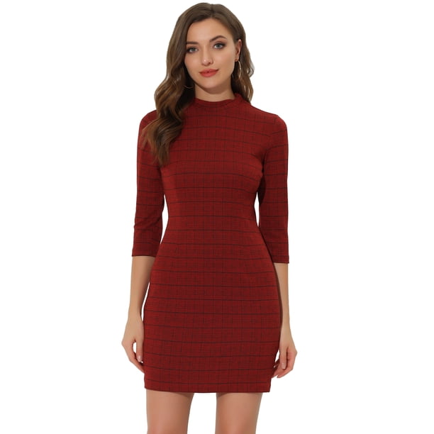 Vestido de trabajo a cuadros Allegra K con Cuello Simulado y Manga 3/4 Rojo XL