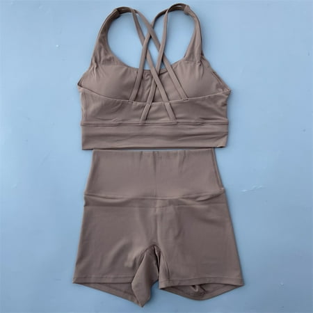 Yoga Shorts Set Gym Sports Set 2 Piece Women Workout Outfit Fitness Suit Cross Straps Bra High Waist Shorts Running Tracksuit