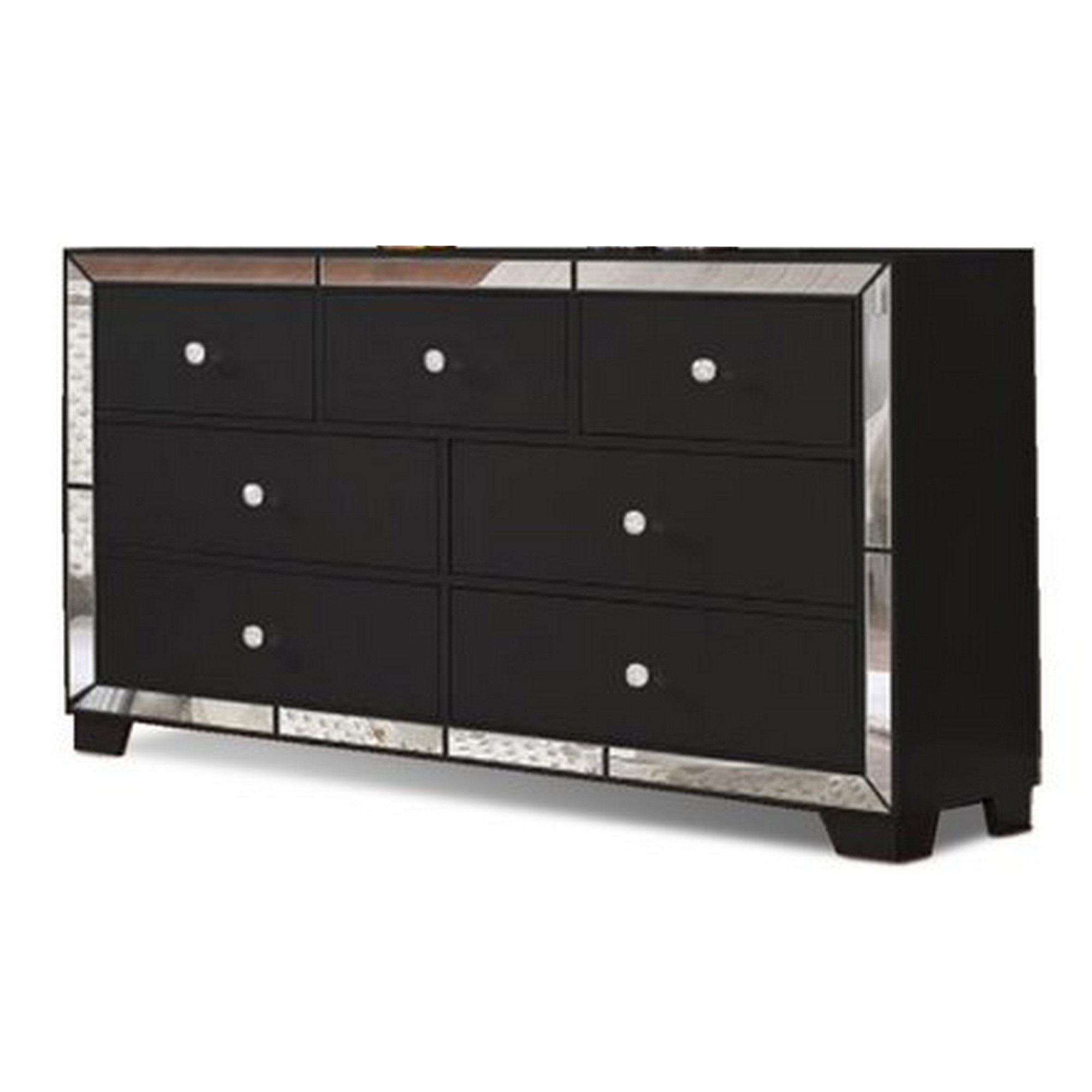 Eli 57 Inch Deluxe 7 Drawer Dresser, Mirrored Trim, Wood Frame, Black