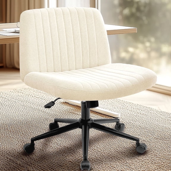 Orange Factory Criss Cross Chair Wheels Wide Cross Legged Office Desk Vanity Dual Base Comfy Fabric Armless Adjustable Swivel for Home Computer Task (Beige Dual Base, Fabric)