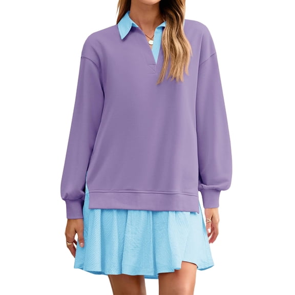 Long Sleeve Patchwork Women Collared V Neck Sweatshirt Dress