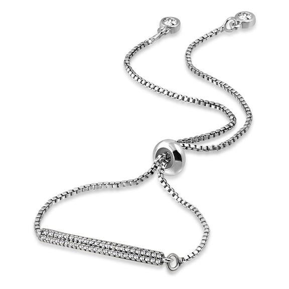 Stainless Steel Clear CZ Bar Adjustable Chain Bracelet - Silver-Tone