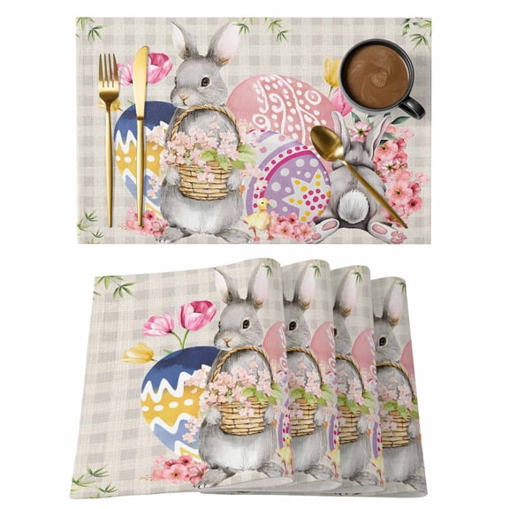 Bunny Easter Placemats Set of 4, Eggs Spring Floral Grey Plaid Farmhouse Placemats for Dining Table, Place Mats for Kitchen Tabletop, Waterproof Wipeable Dining Table Mats Set