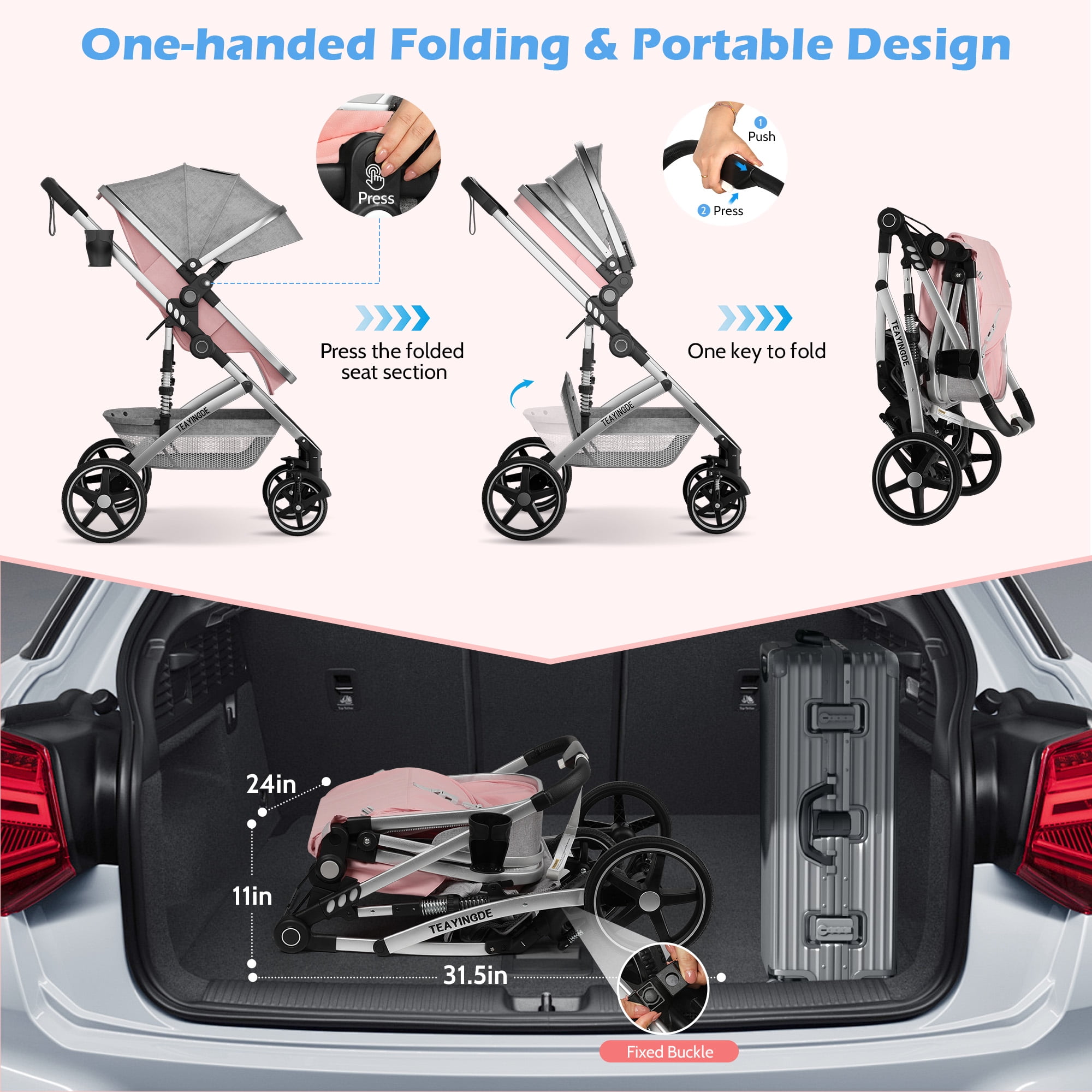 babyeap 2 in 1 Baby Stroller, Foldable Lightweight Carriage Reversible Bassinet Pram for Toddler, Travel Stroller with Cup Holder, Storage Bag, Pink