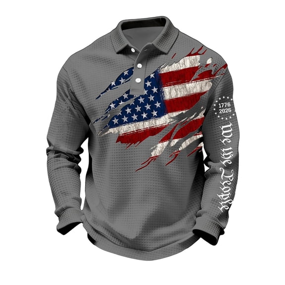 Men's Patriots Shirts Independence Day 1776-2026 Polo Shirts Lapel Waffle We the People Shirt National Flag Print Big and Tall Patriots Sweatshirts Gray 3XL