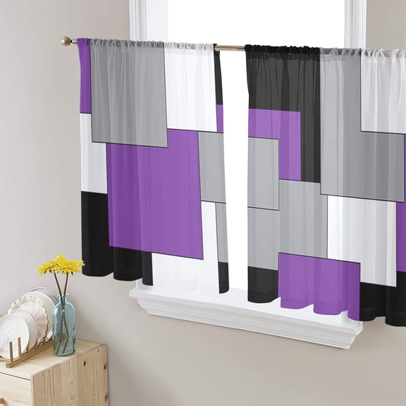 Purple Grey Black Geometric Semi Sheer Curtains 45 Inch Length 2 Panels Set,Middle Century Art Abstract Aesthetics Sheer Kitchen Curtain Privacy Voile Window Curtain for Living Room Rod Pocket Drapes