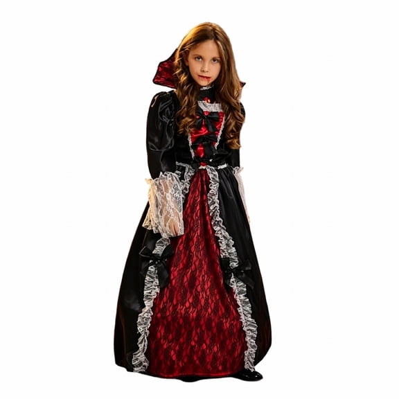 Mercatoo Girls Vampire Queen Costume, Gothic Long Dress with Lace Ruffle & Stand Collar, Kids Halloween Vampire Princess Outfit for Party, Trick or Treat